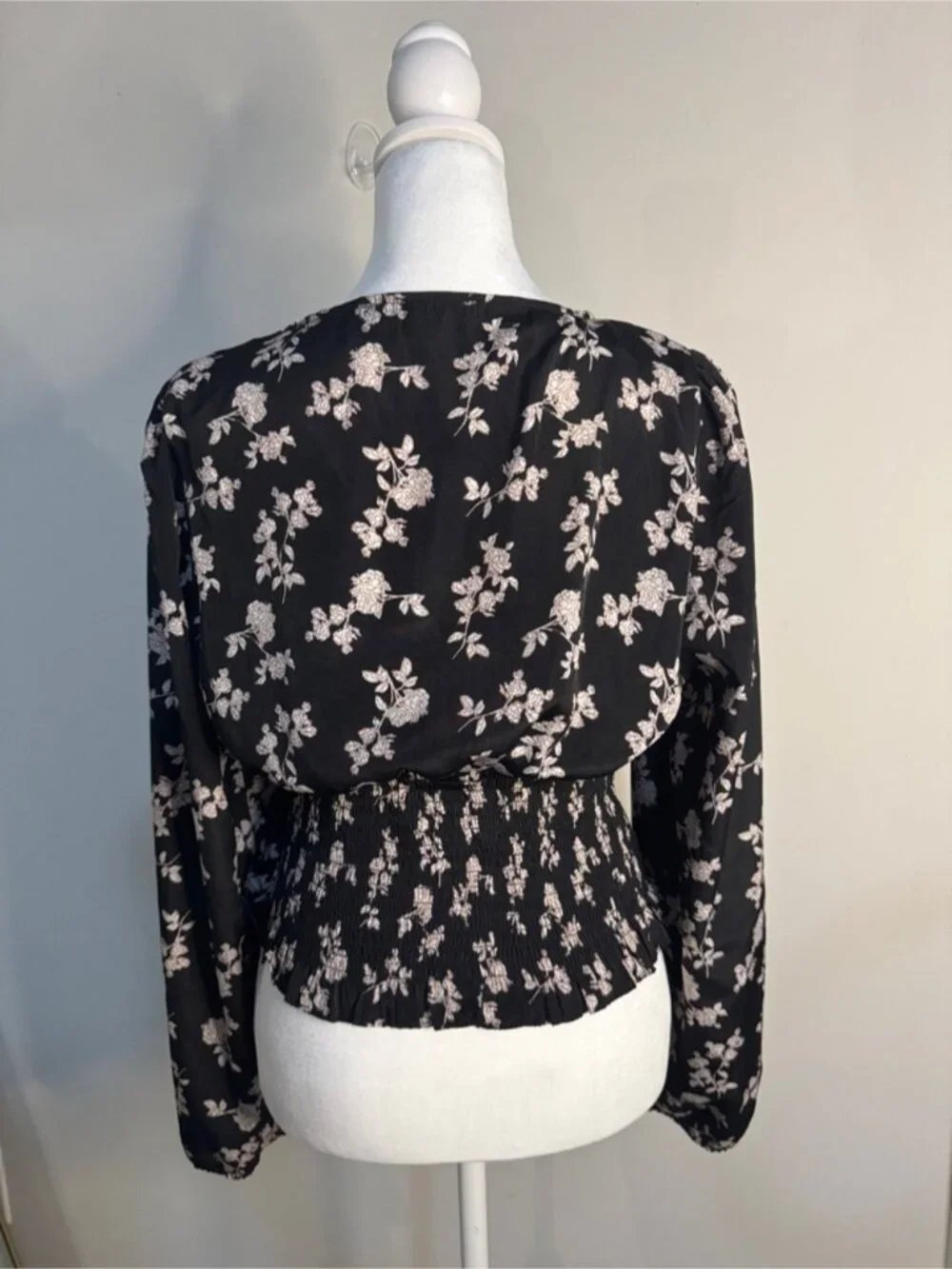 Black Floral Tie-Front Blouse with Ivory Print - Picture 2 of 4